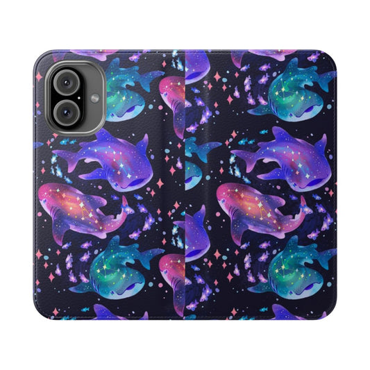 Vibrant phone case featuring a cosmic whale shark illustration against a starry galaxy background.