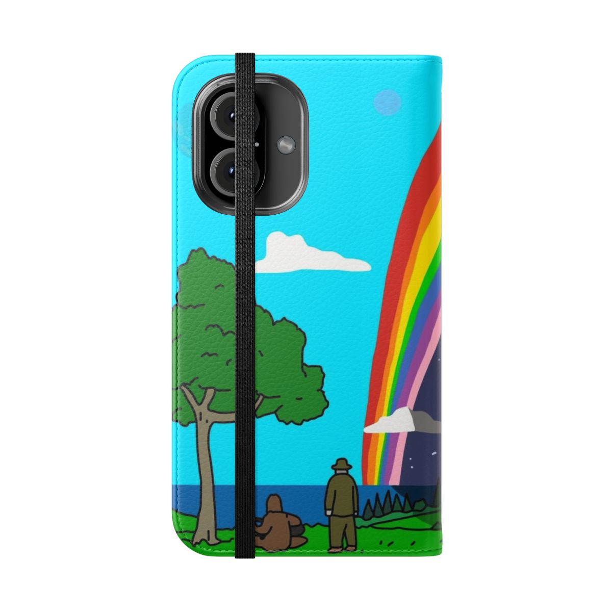 Colorful landscape-themed phone case design featuring characters from the popular Australian comedy series "The Big Lez Show" - Folded Front