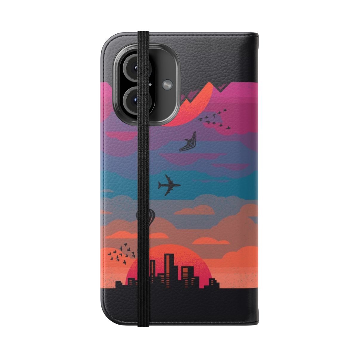 Colorful flip phone case with a sunrise to sunset landscape design - Folded Front