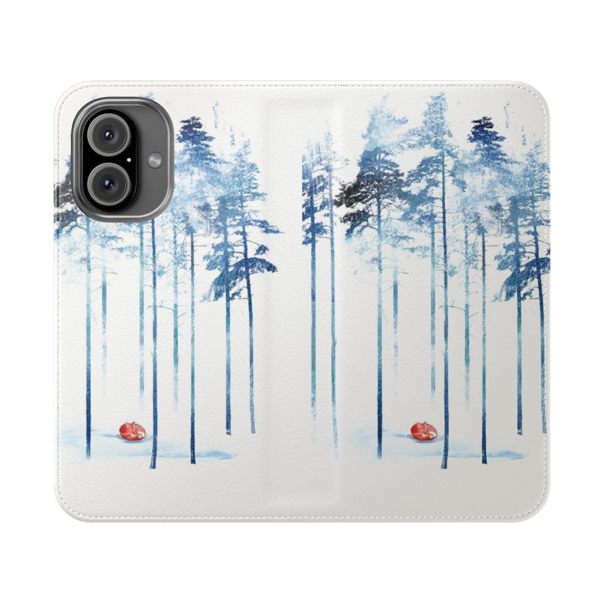 Flip cover phone case with a watercolor painting of a fox in a forest landscape