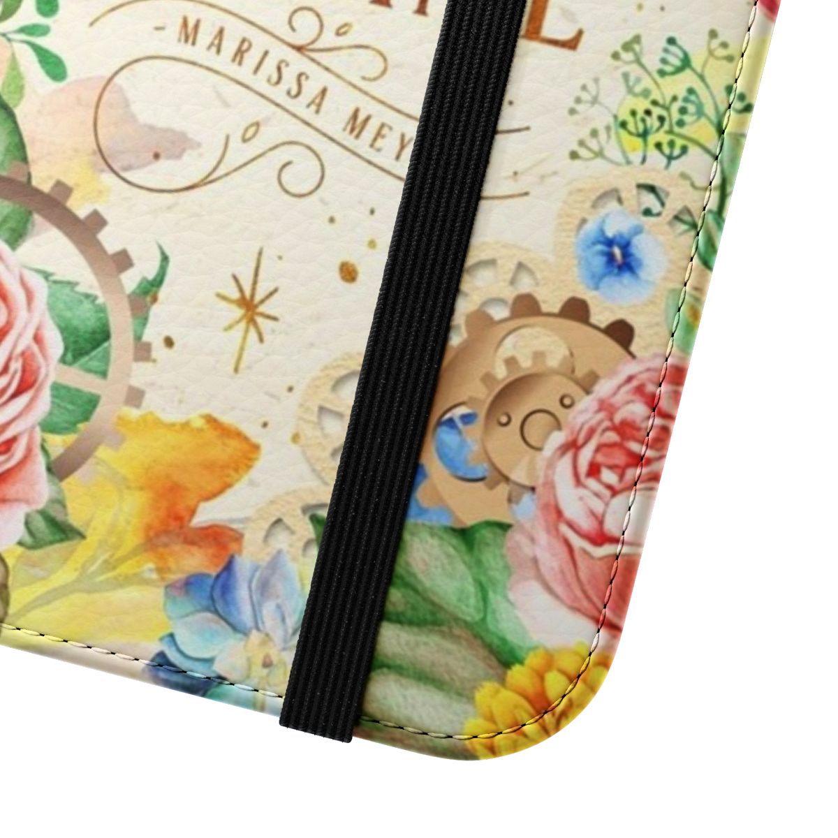 Vintage floral fantasy phone case with whimsical designs, including fairy tale elements, watercolor florals, and steampunk-inspired gears and leaves. - Close Up