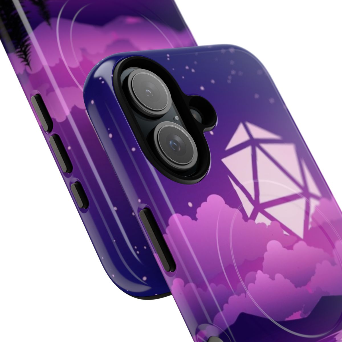 Collectible phone case featuring a fantasy landscape and dice design for tabletop RPG enthusiasts. - Detail