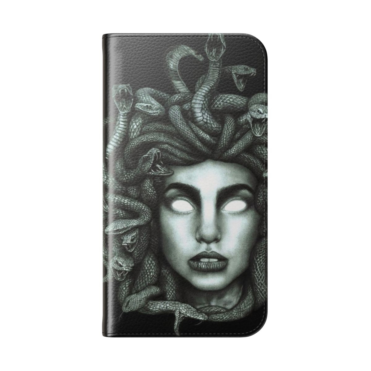 A flip cover phone case featuring the image of Medusa, the gorgon from Greek mythology. - Folded Back