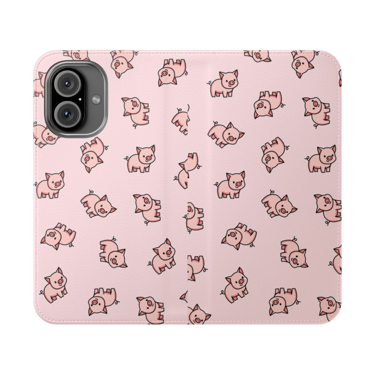 Closeup of a pink flip phone case featuring a cute cartoon pig design