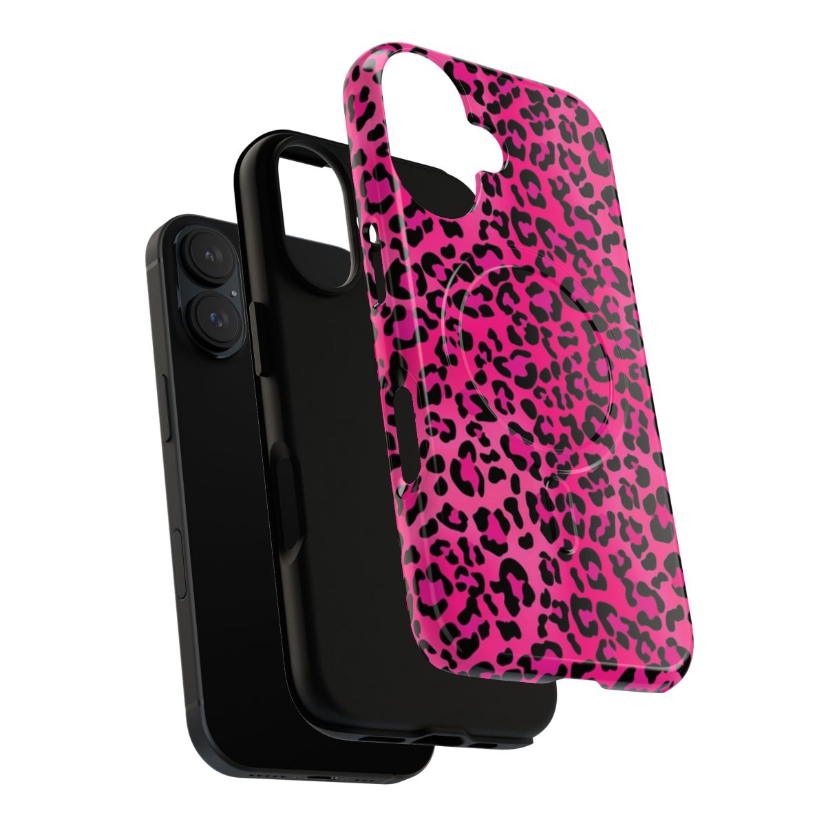 Vibrant pink leopard print phone case with magnetic closure and durable construction - Layers