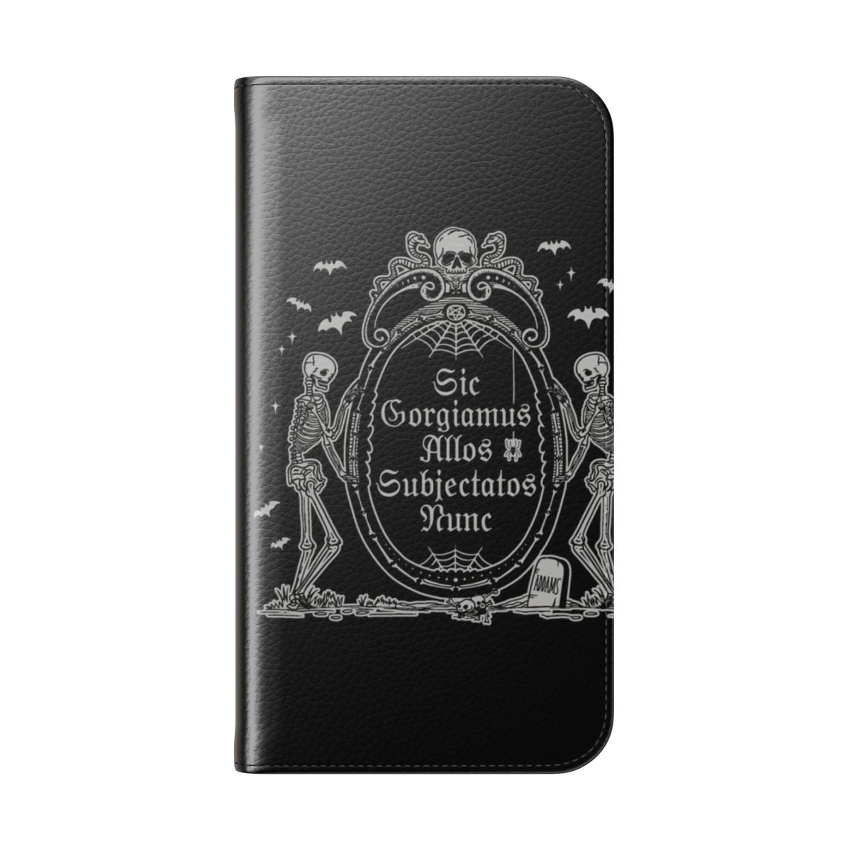 Addams-inspired flip phone case with gothic skeleton, skull, and bat design - Folded Back