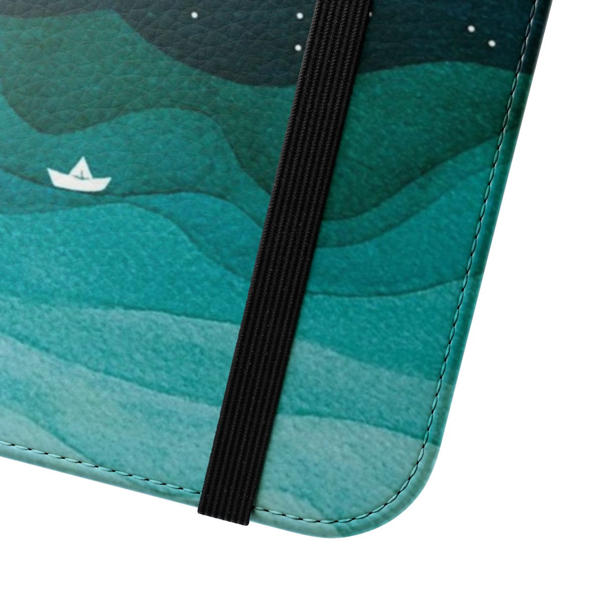 A teal sailboat floating on a watercolor ocean with a starry night sky in the background, printed on a phone case cover. - Close Up