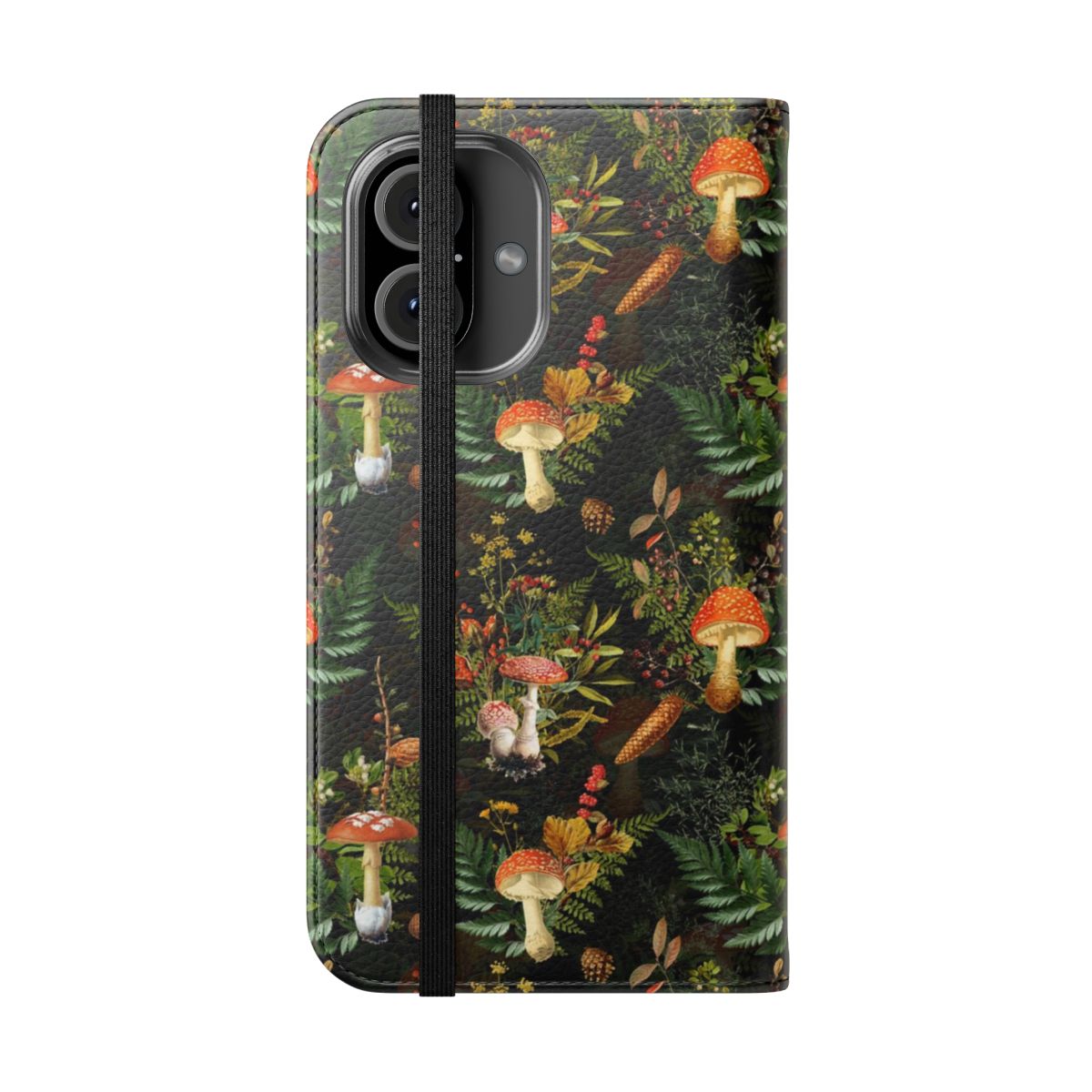 Vintage-inspired botanical phone case featuring midnight toadstools in a forest landscape on a black background. - Folded Front