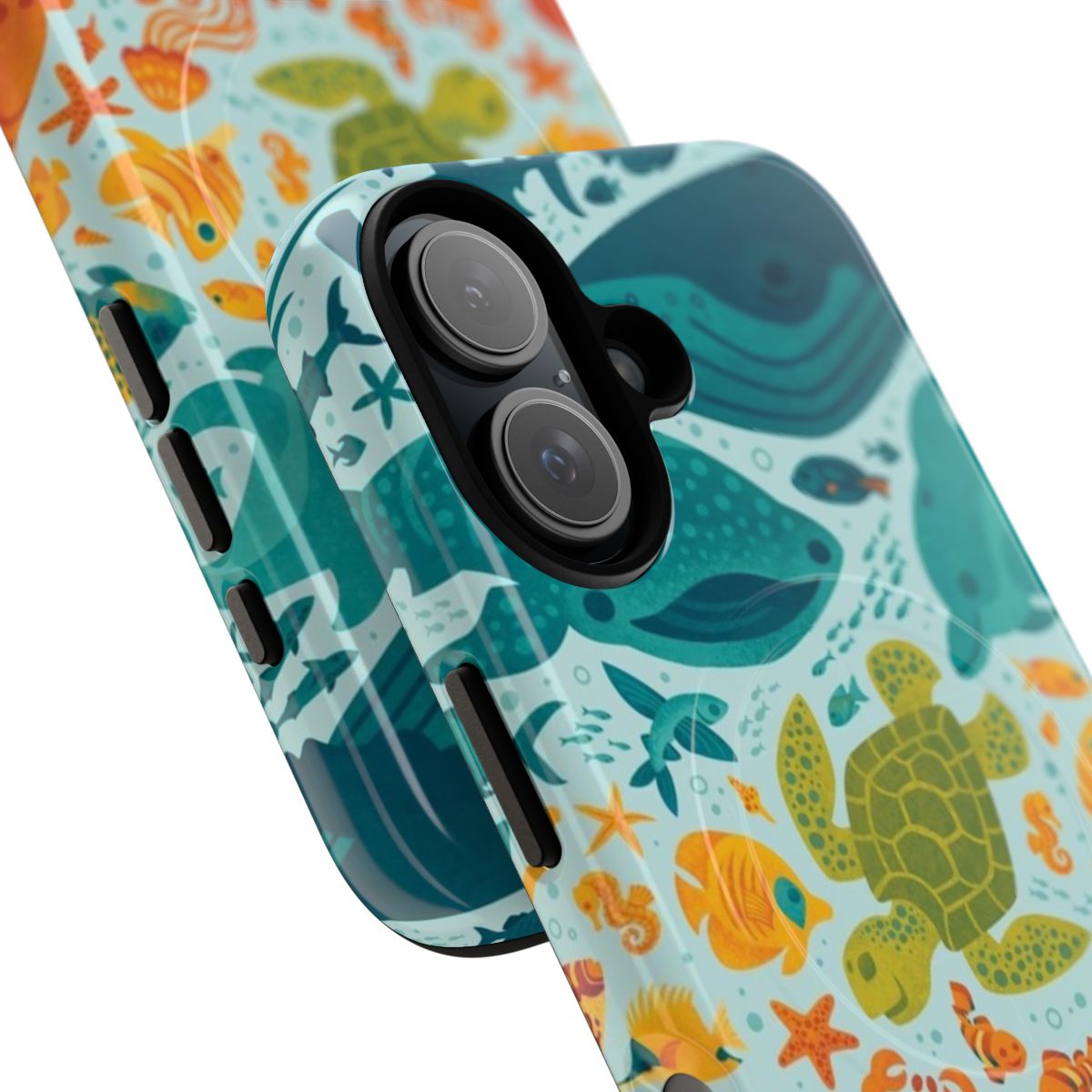 Vibrant blue and teal phone case with a colorful aquatic spectrum design featuring fish and sea creatures - Detail