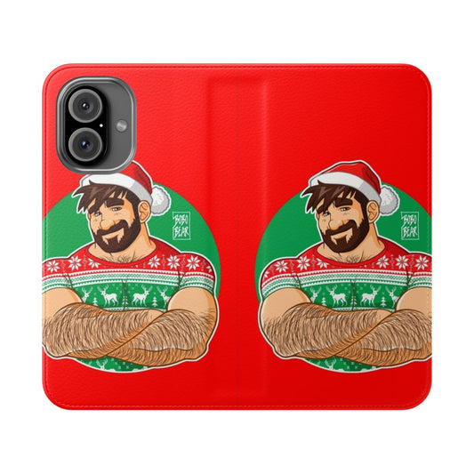 Flip phone case with a design of a gay bear crossing their arms at a Christmas party