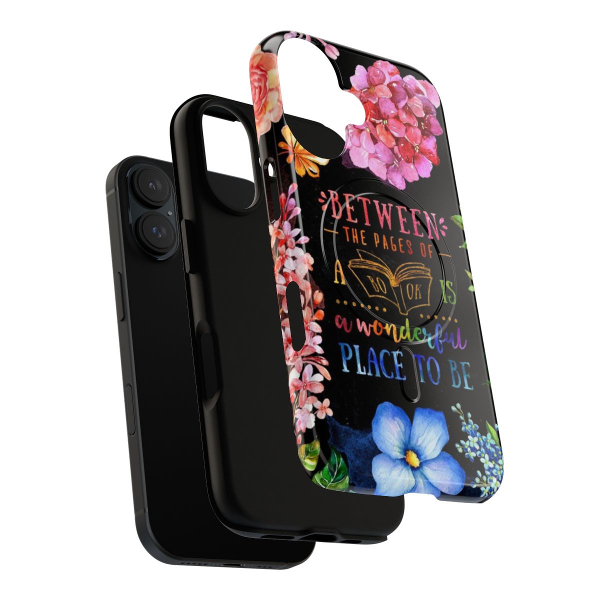 A stylish black phone case with a vibrant watercolor floral design, perfect for book lovers and bibliophiles. - Layers