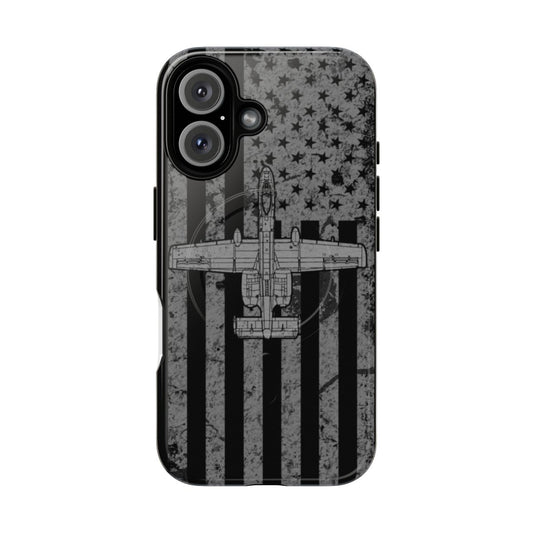 A distressed phone case with an A-10 Warthog fighter jet design, perfect for aviation enthusiasts.