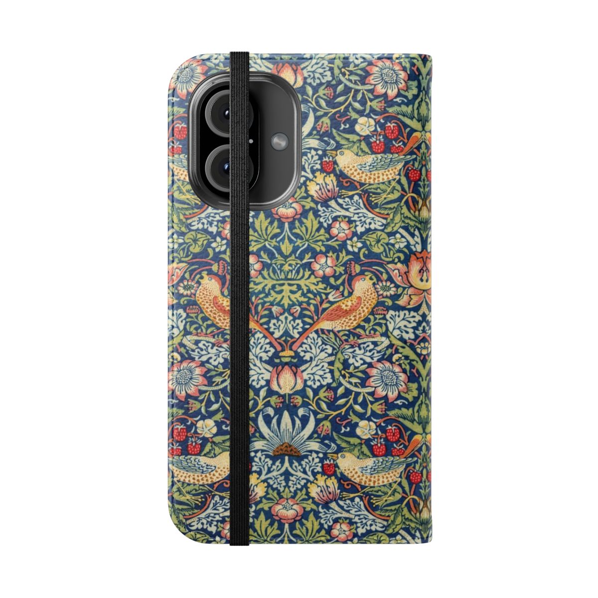 Vintage floral phone case with a William Morris inspired strawberry thief pattern featuring birds and flowers - Folded Front