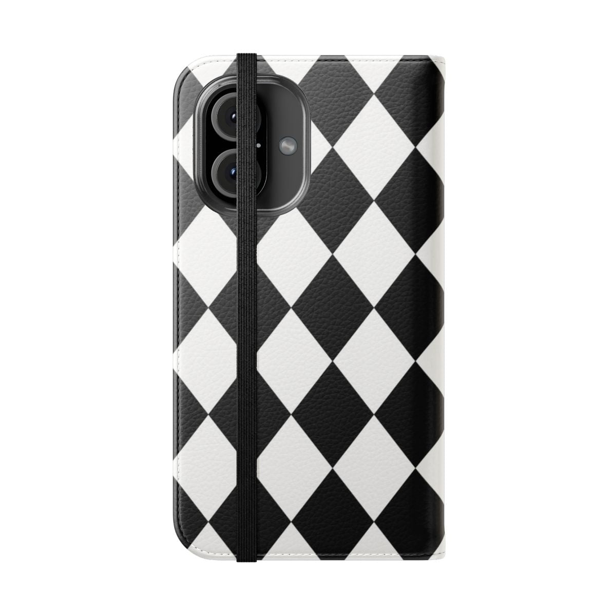 Harlequin pattern phone case in black and white with a repeating diamond or lozenge design - Folded Front