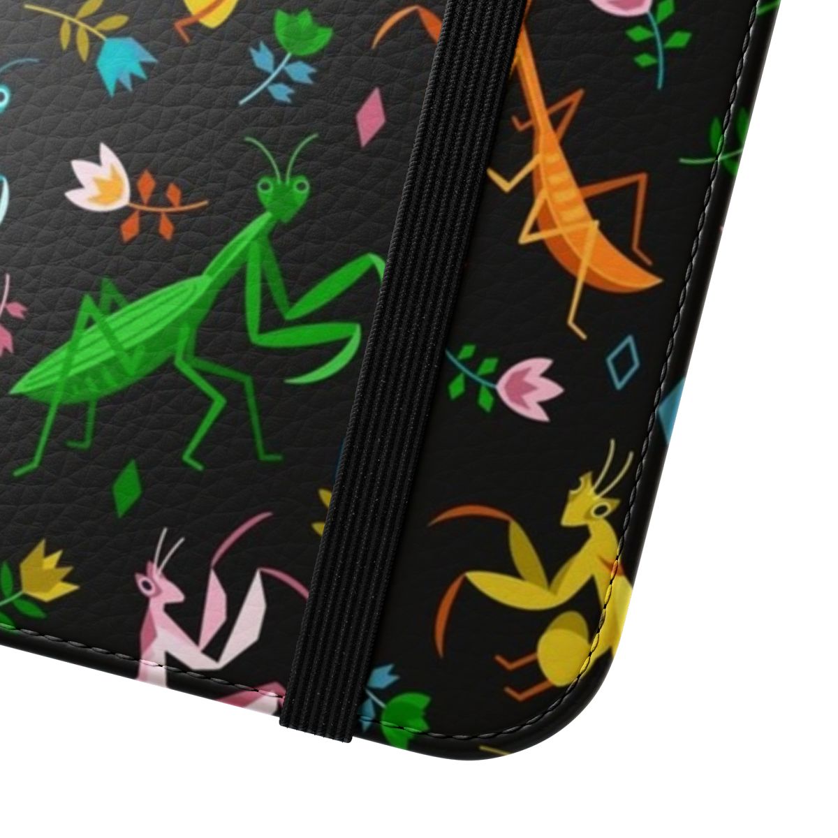 Artistic black flip phone case featuring various species of praying mantises in a geometric design - Close Up