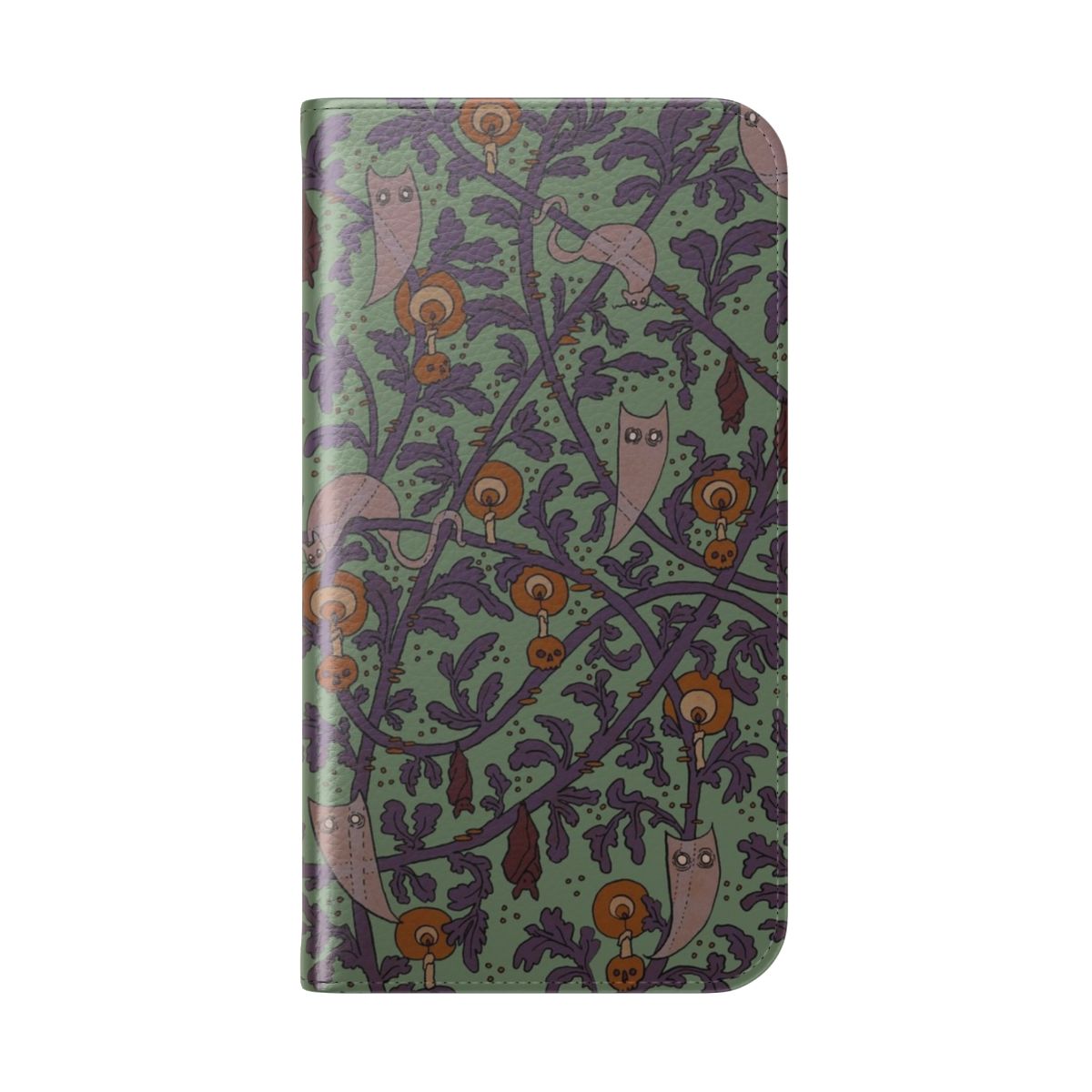 Haunted woods themed flip cover phone case with ghostly, spooky pattern - Folded Back