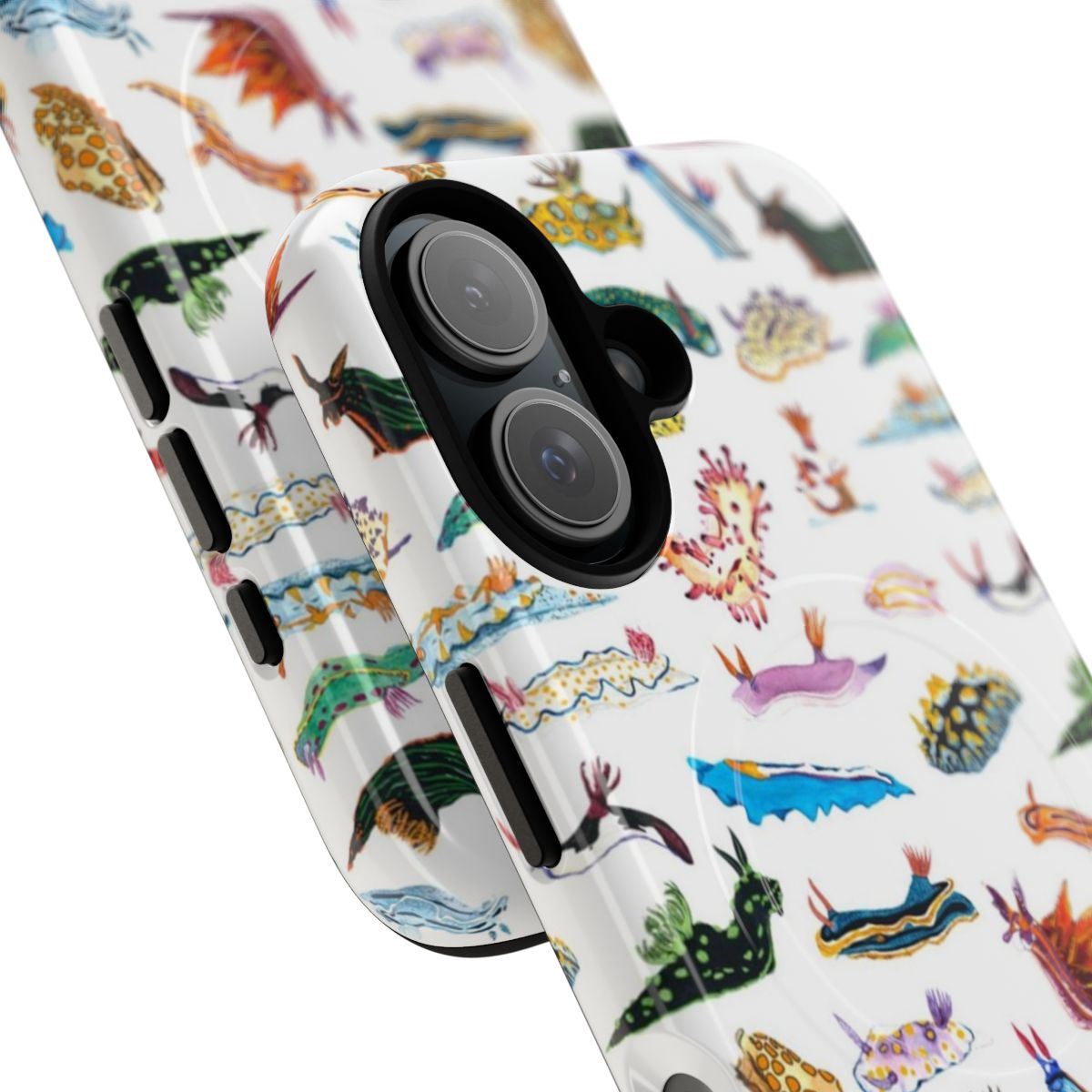 A white phone case featuring a vibrant nudibranch design, perfect for ocean enthusiasts. - Detail