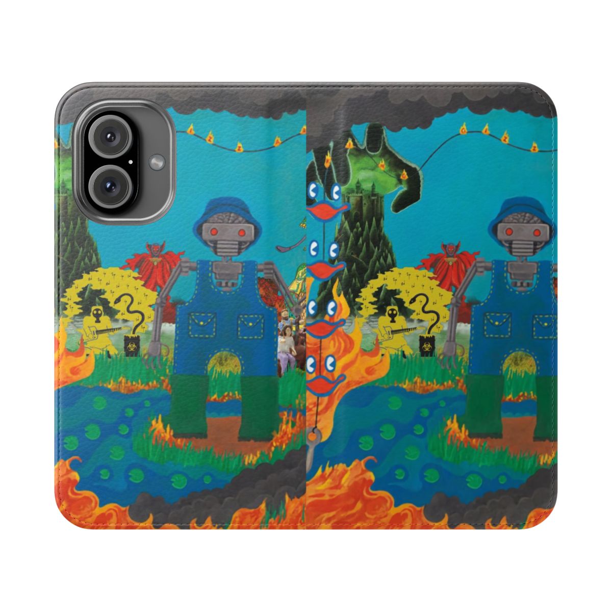 A colorful and psychedelic album art collage phone case inspired by the indie rock band King Gizzard and the Lizard Wizard.