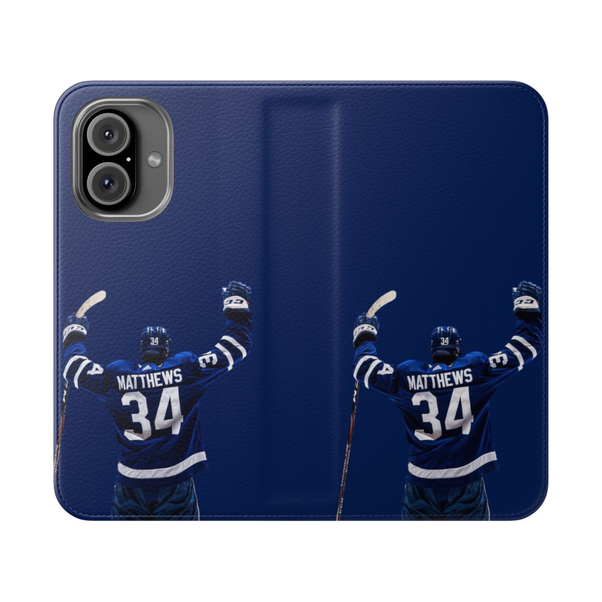 Auston Matthews-inspired hockey phone case with blue and white colors representing the Toronto Maple Leafs.