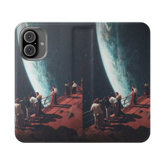 Vintage-inspired flip phone case with surreal space and landscape collage design