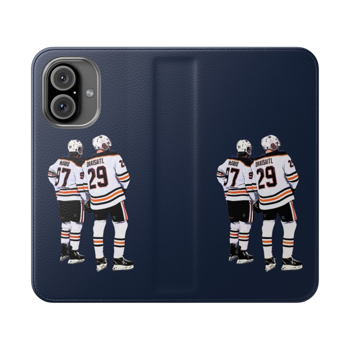 Hockey-themed flip cover phone case in the colors and design of the Edmonton Oilers