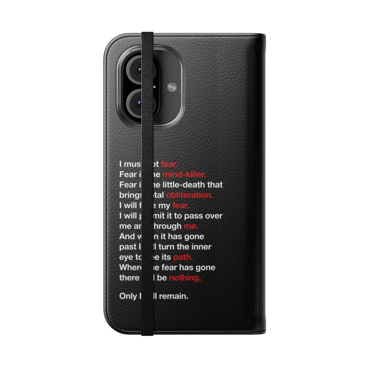 A stylish flip cover phone case featuring the "Litany Against Fear" quote from the Dune science fiction series. - Folded Front