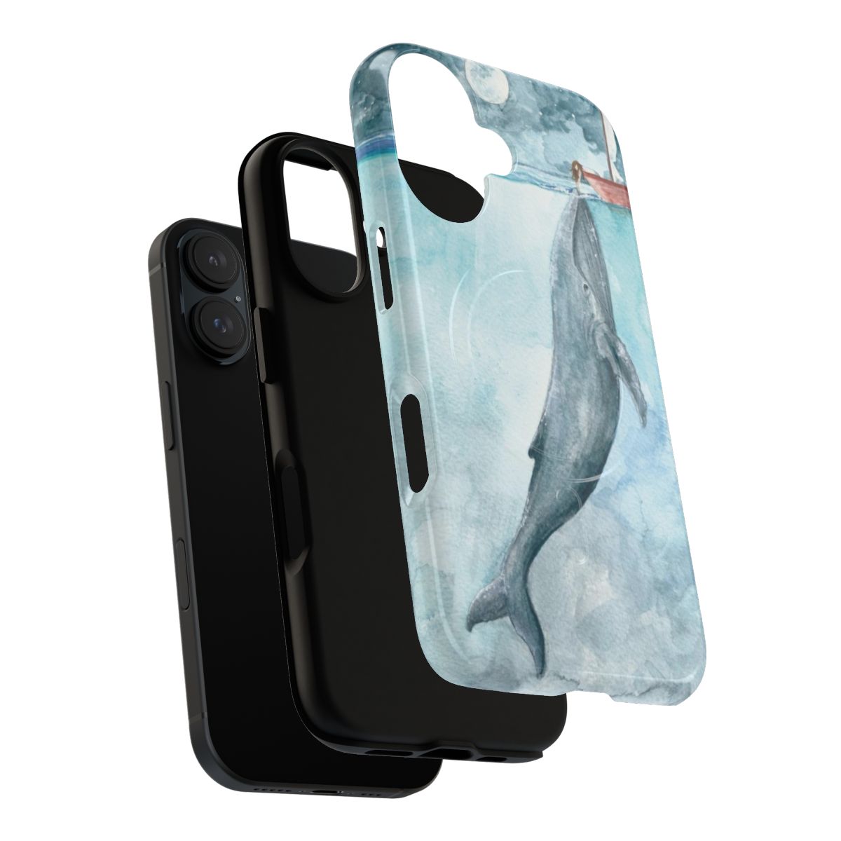 Magnetic phone case with ocean, whale, boat, and moon design - Layers