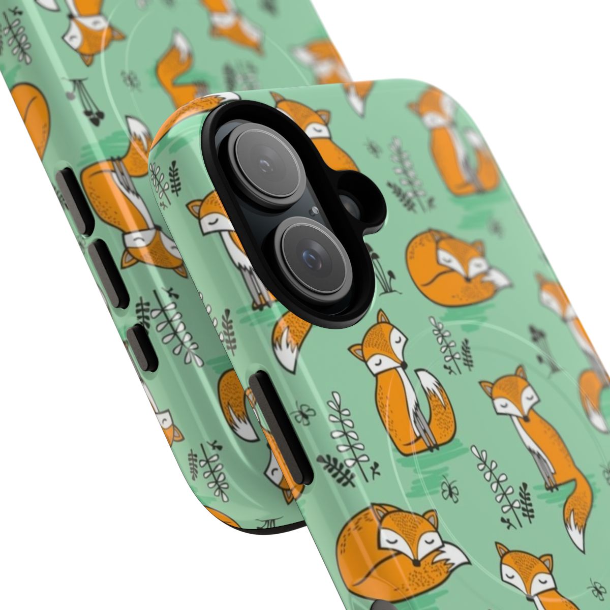 Whimsical fox illustration on a green magnetic tough phone case - Detail