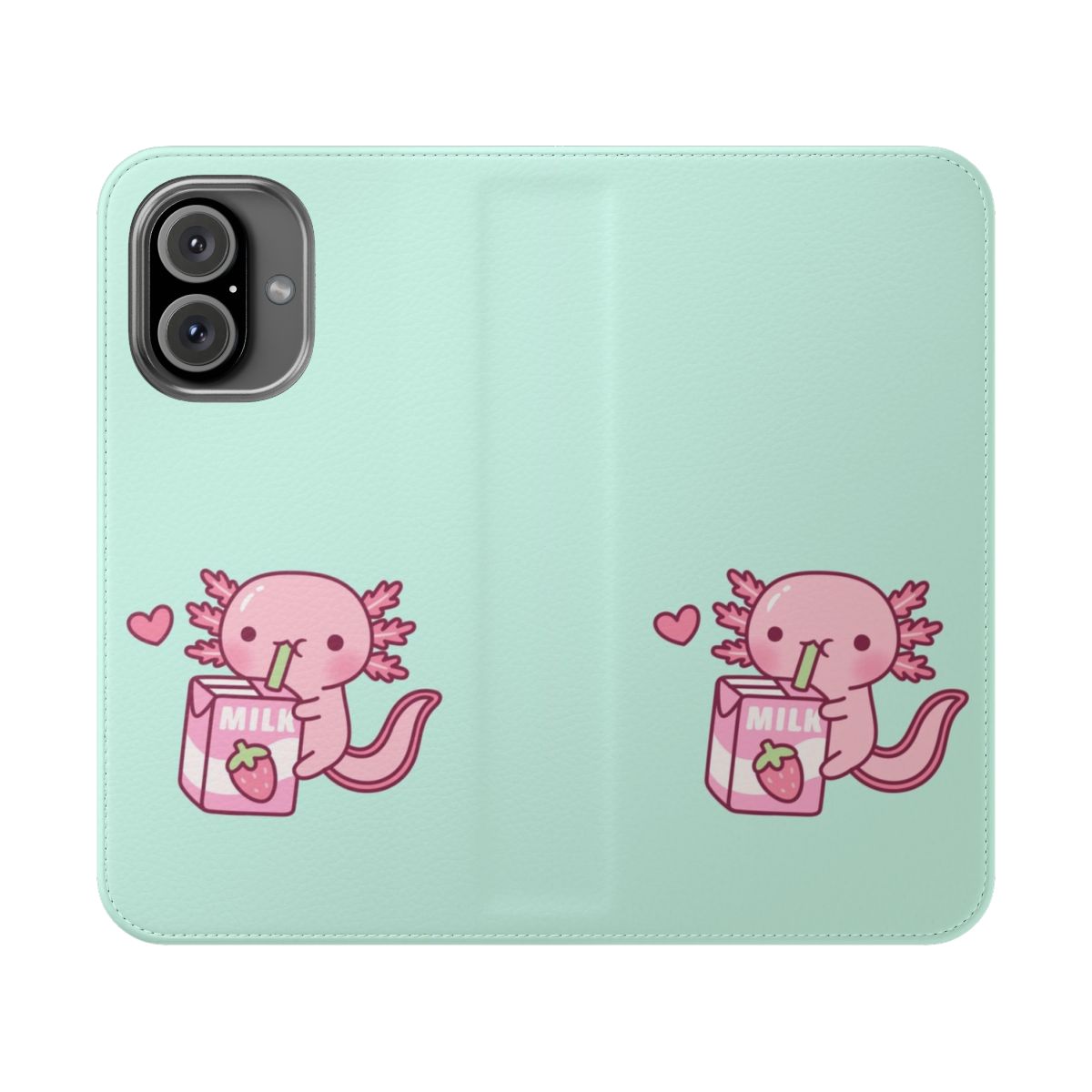 Cute doodle illustration of a pink axolotl holding a glass of strawberry milk on a pastel phone case