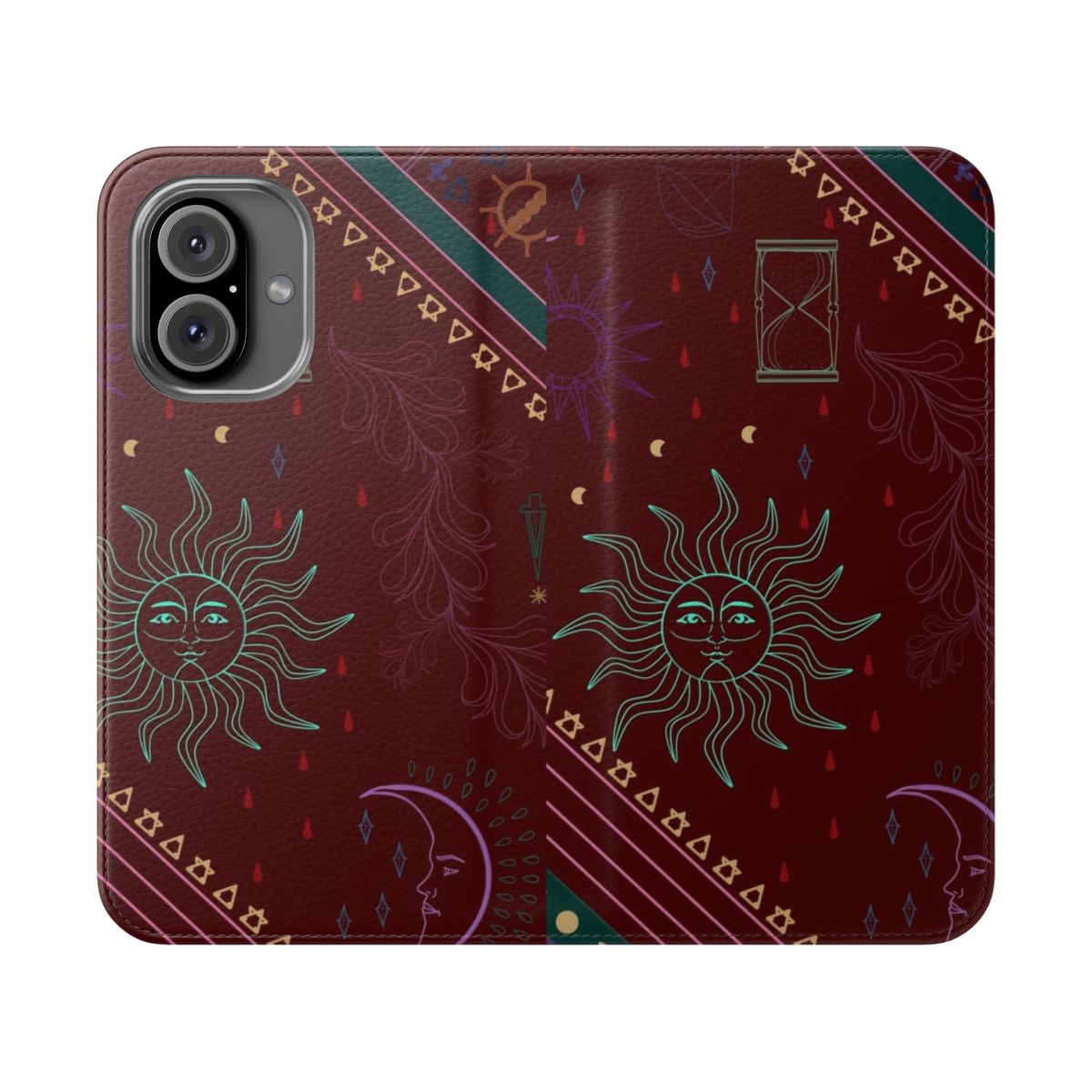 Ornate flip cover phone case with a mystical, fantasy-inspired pattern