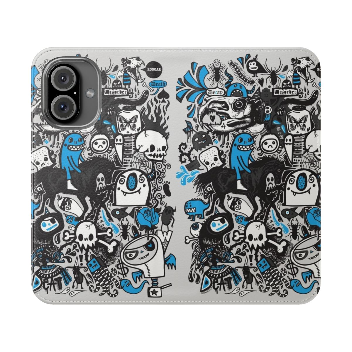 Edgy doodle art phone case with skulls, eyeballs, and dark aesthetic elements