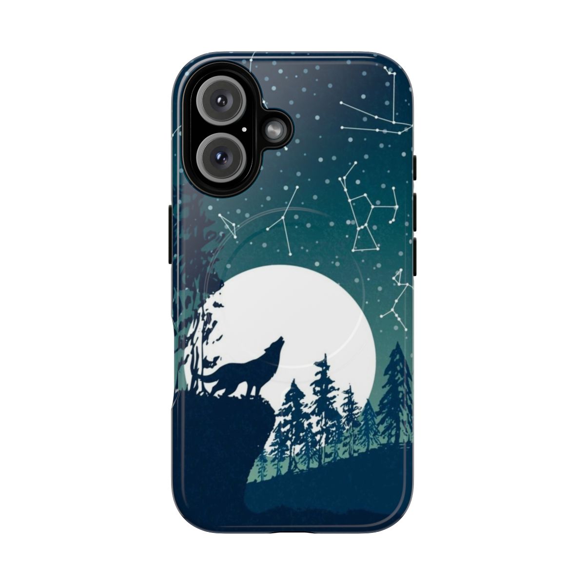 Magnetic tough phone case with a constellation design featuring a wolf howling at the moon in a forest setting.