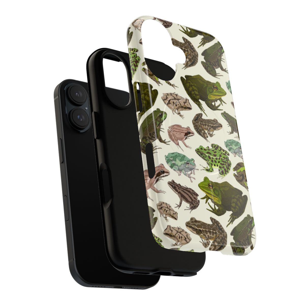 A magnetic tough phone case featuring a vibrant frog pattern. - Layers