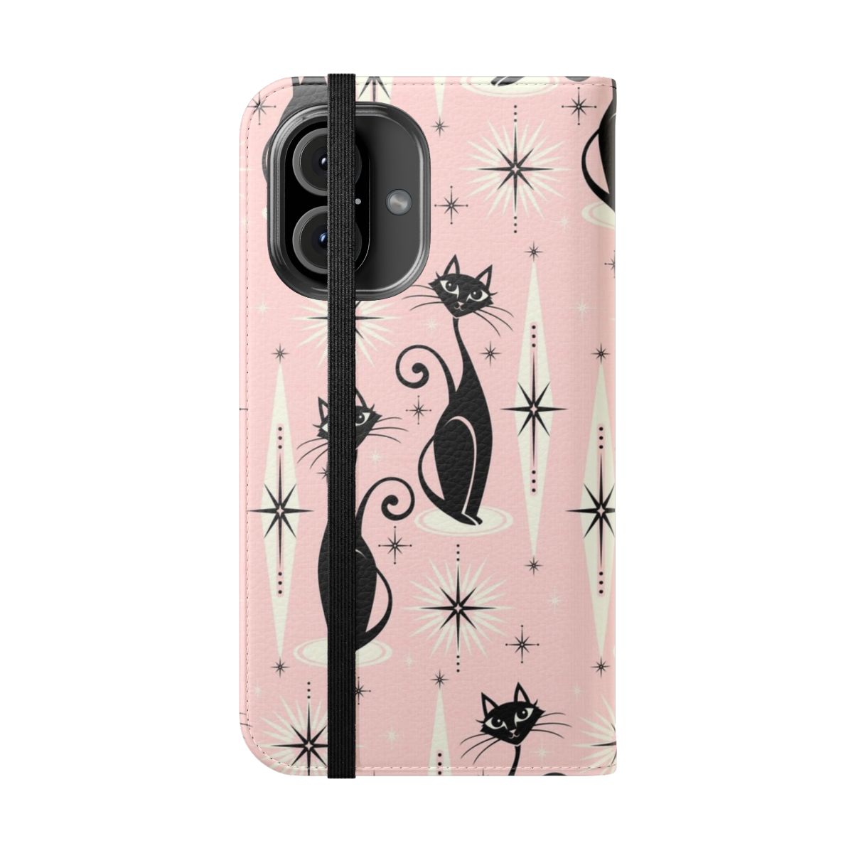 Retro atomic cats flip cover phone case with a 1950s mid century modern style design featuring black cats, starbursts, and diamonds. - Folded Front