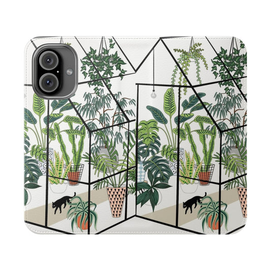 Vibrant phone case featuring a greenhouse-like illustration with various plants and greenery.