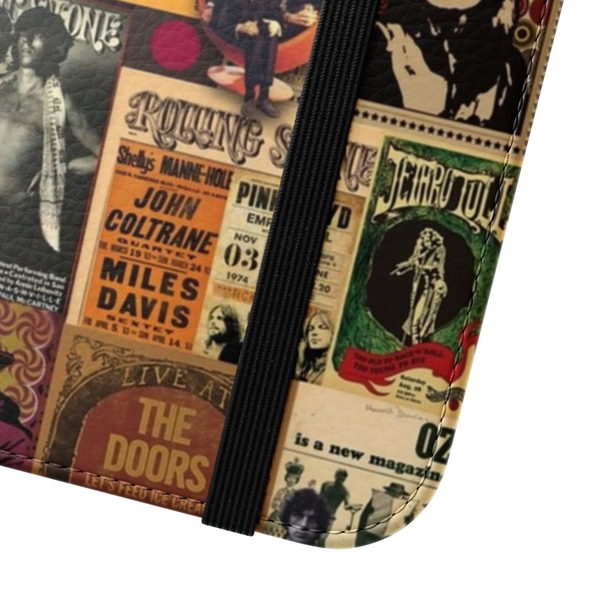 Retro music-themed flip cover phone case with psychedelic collage design - Close Up