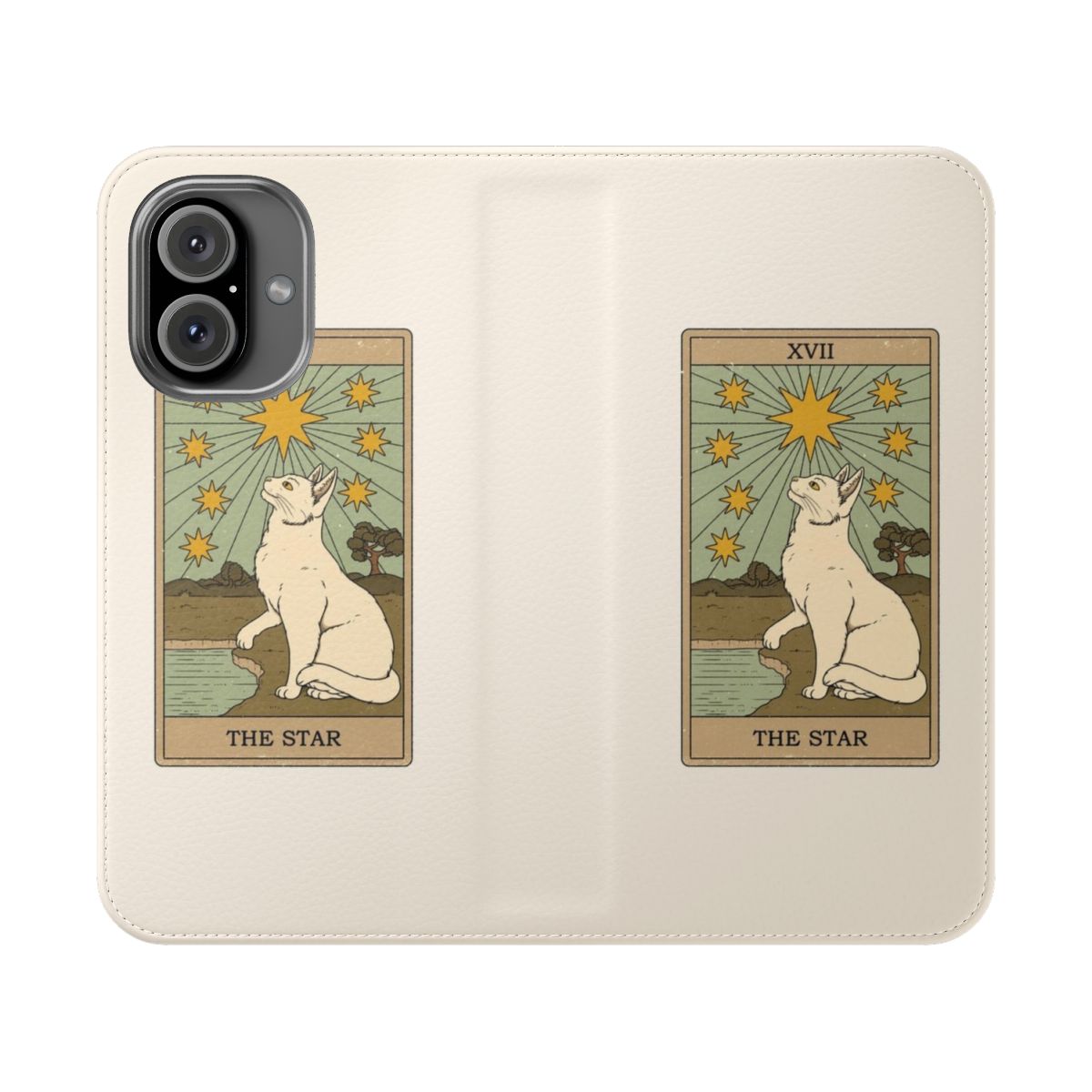 A flip cover phone case featuring a star design and cute cat imagery