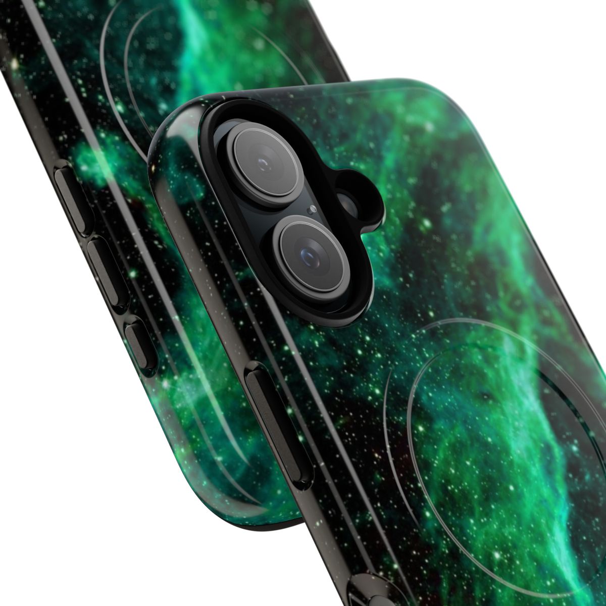 Green phone case with galaxy, cosmic, and space design - Detail