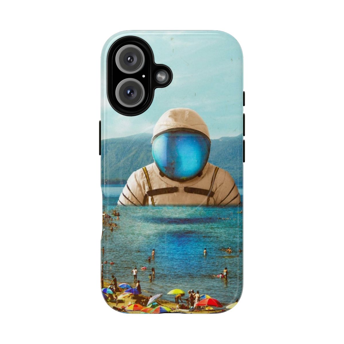 Surreal artwork phone case featuring a collage of digital art, sci-fi elements, and an astronaut on a beach.