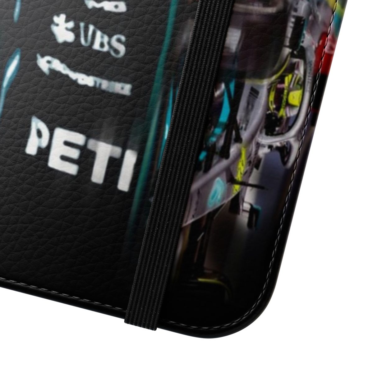 A stylish phone case featuring an artistic design inspired by the 2022 Formula 1 season and Lewis Hamilton's iconic helmet. - Close Up