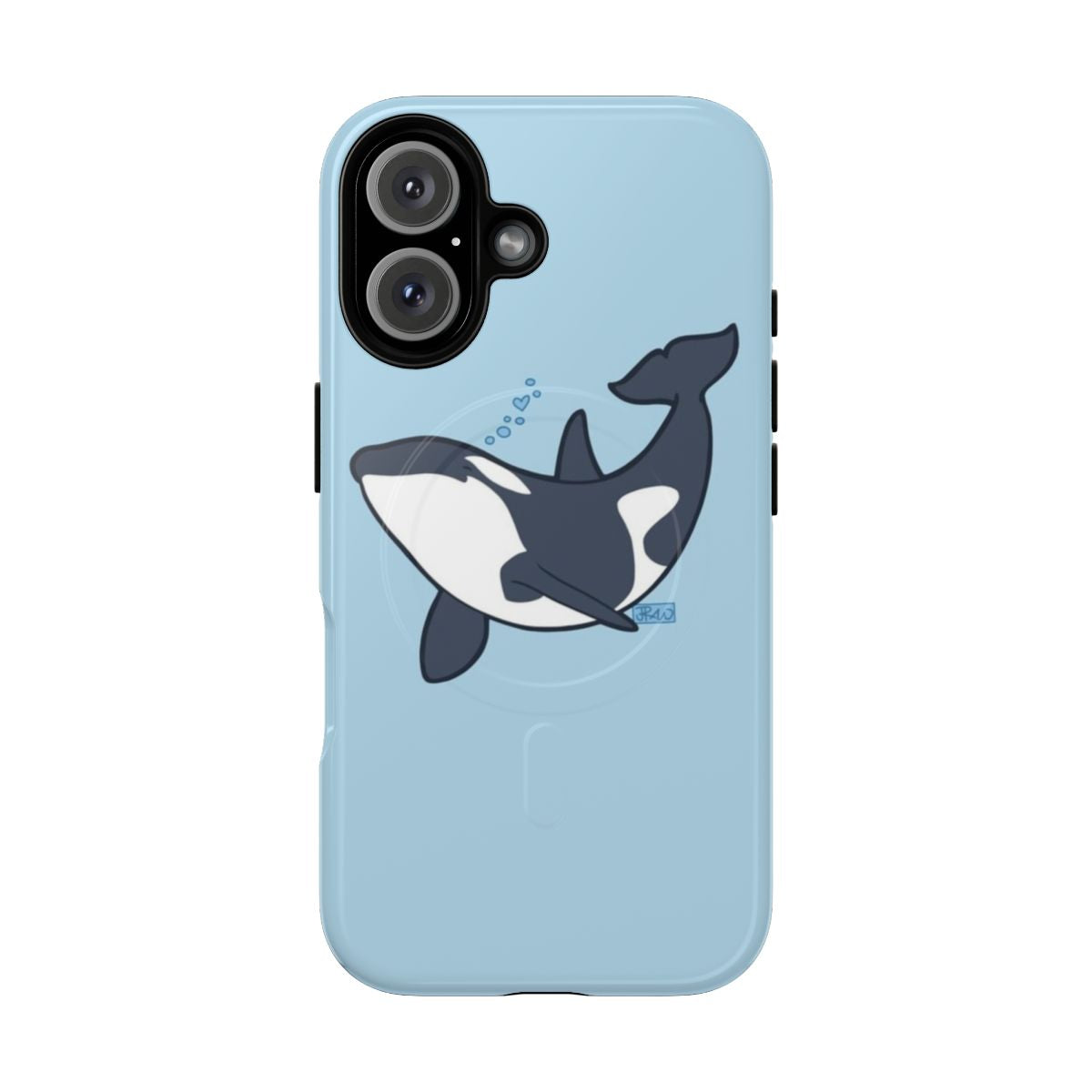 A durable phone case featuring a cute orca or killer whale design with bubbles, hearts, and a magnetic closure.