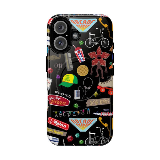 Stranger Things inspired phone case with vibrant patterns and iconic elements from the show.