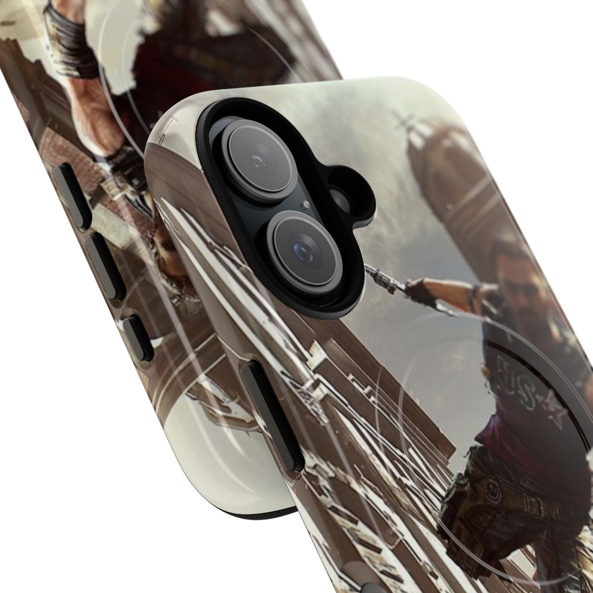 A tough phone case featuring a person performing parkour moves to avoid zombies. - Detail