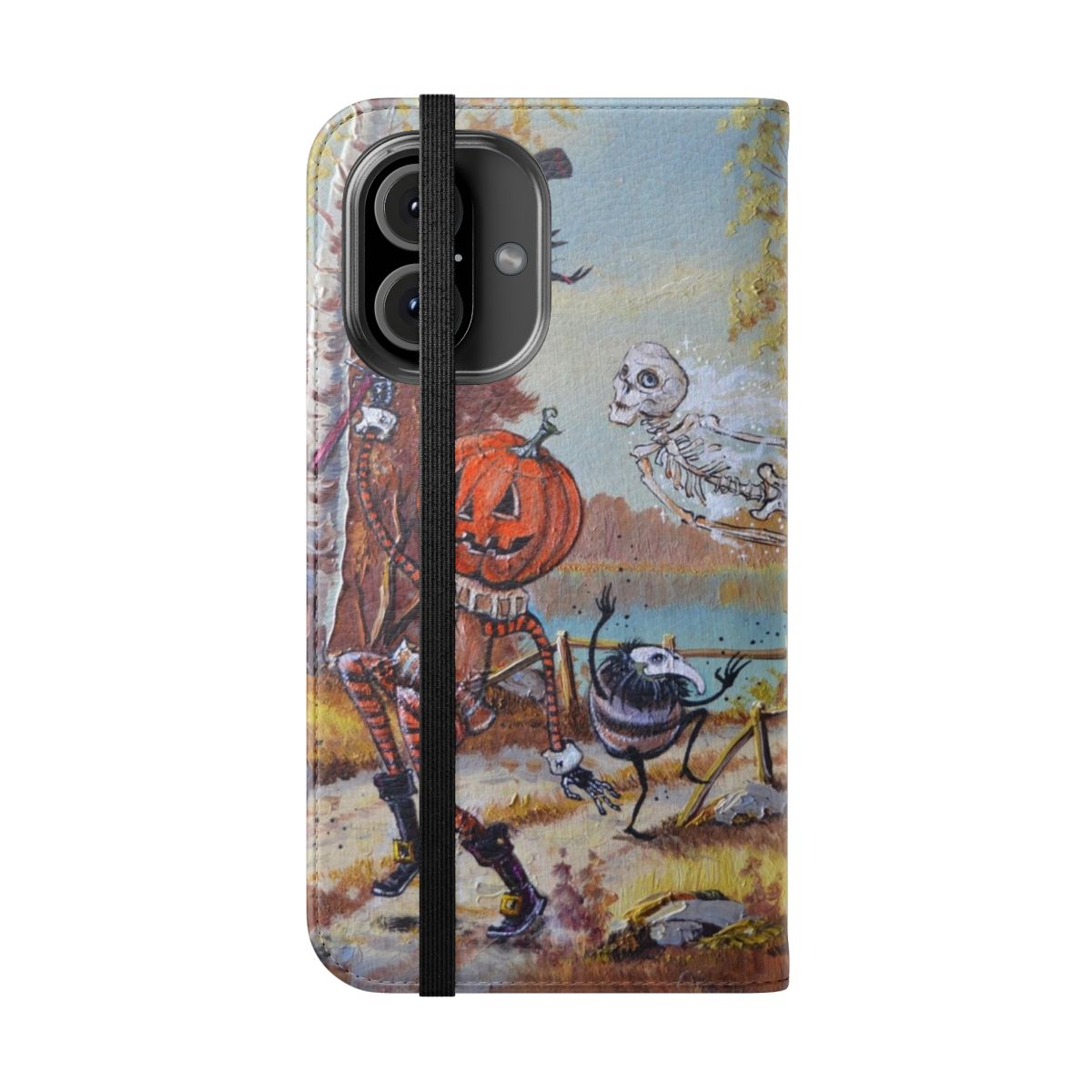 Flip cover phone case with a Halloween-themed design featuring pumpkins, ghosts, and other spooky elements. - Folded Front