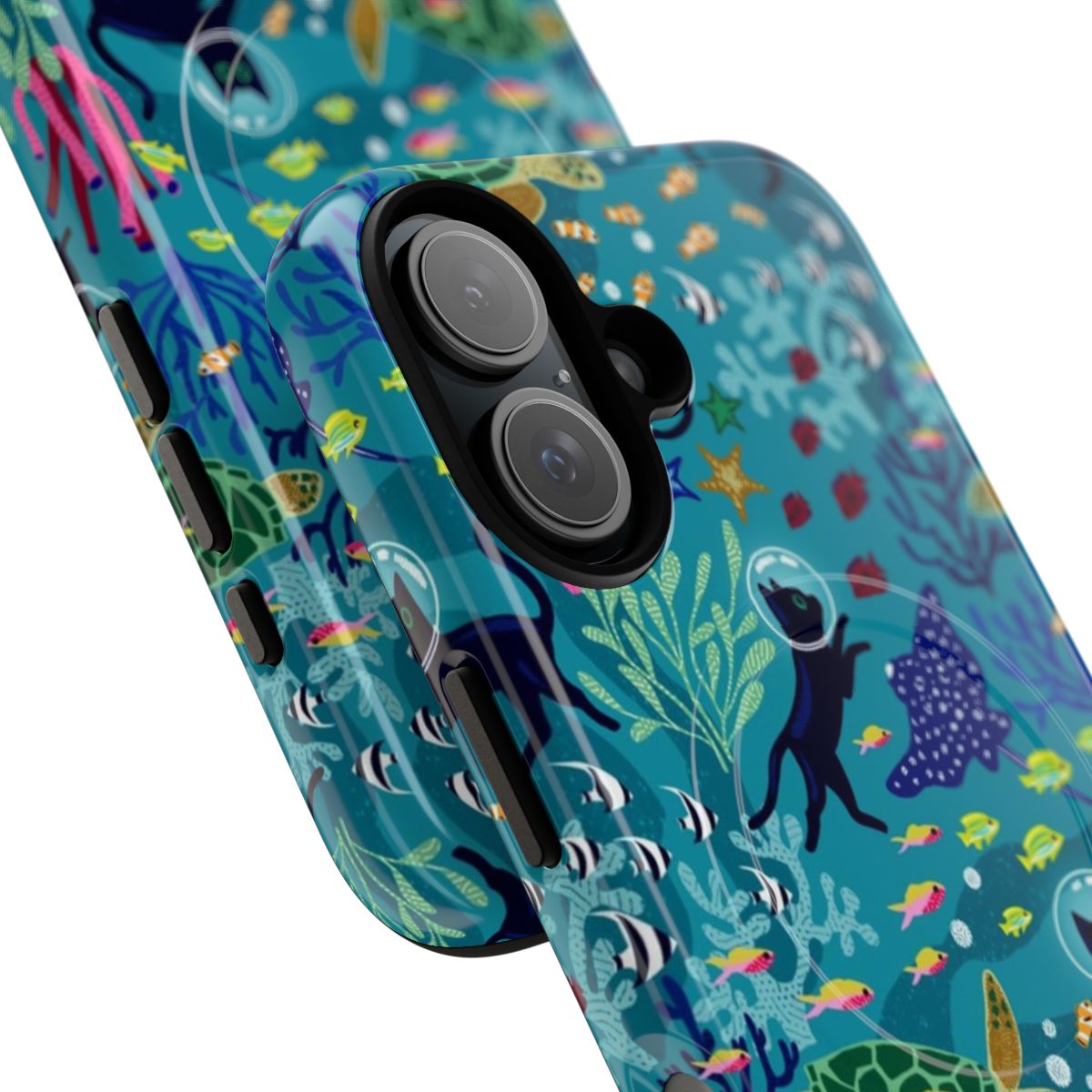 Magnetic tough phone case featuring a playful cat design exploring an underwater coral reef seabed. - Detail