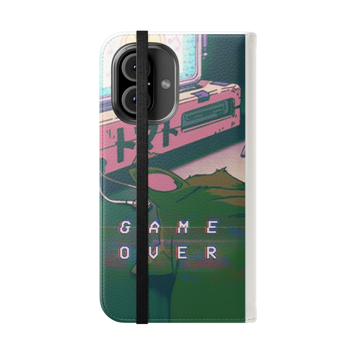 Retro 90s anime cat pixel phone case with a vaporwave and grunge aesthetic design. - Folded Front