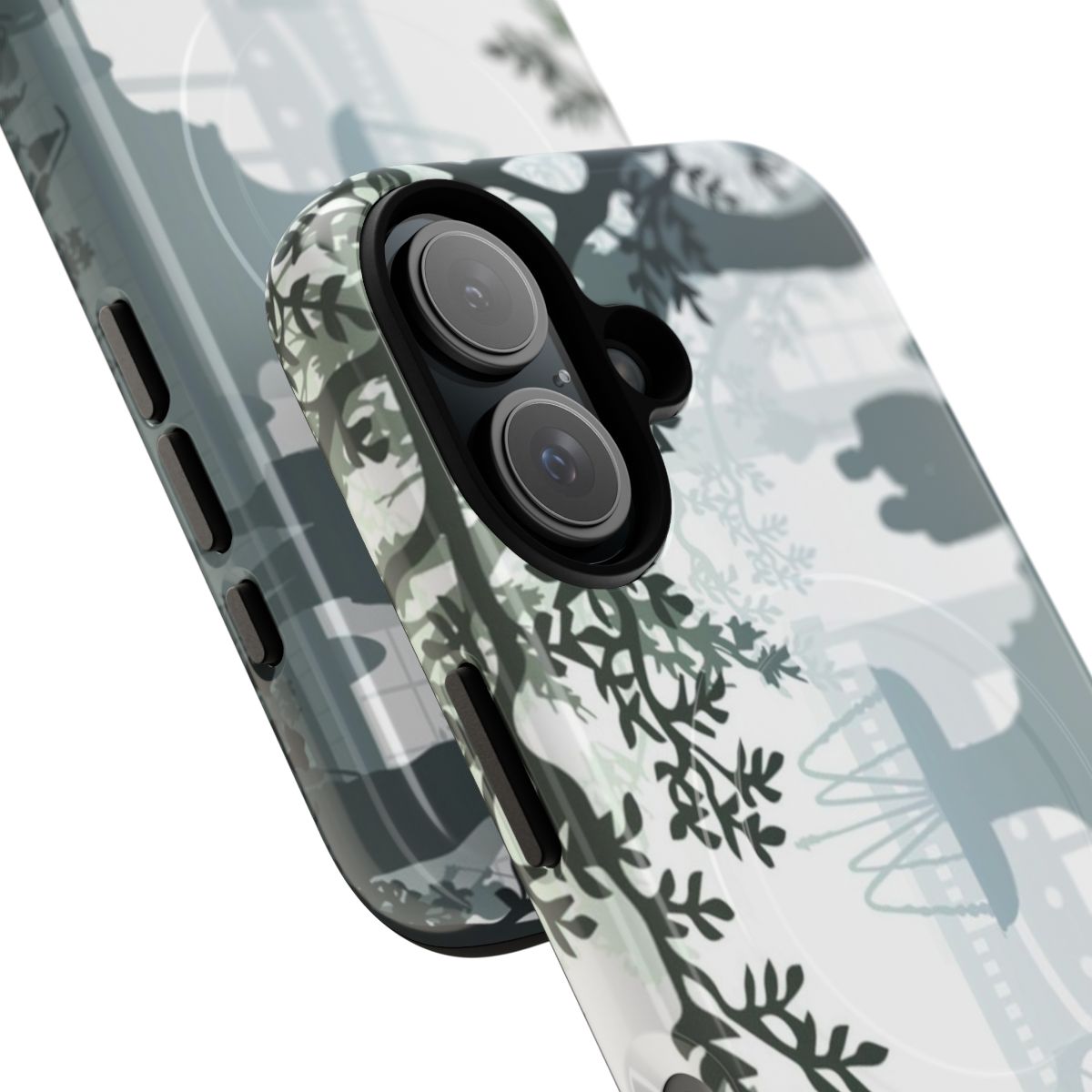 Magnetic tough phone case featuring a tranquil nature park fountain design - Detail