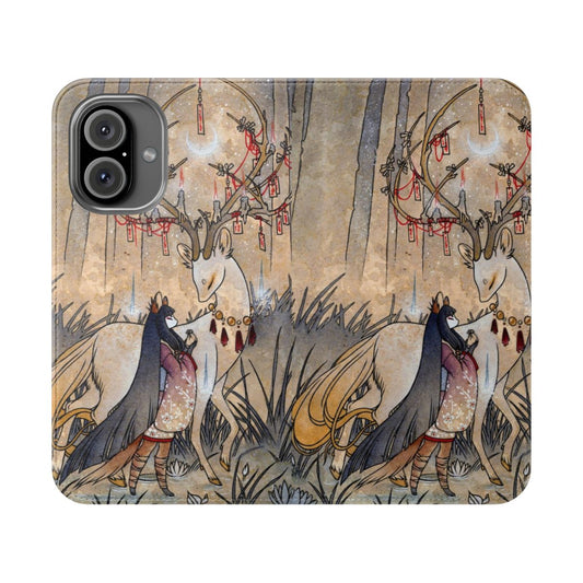 Flip phone case with a watercolor illustration of a tea fox or kitsune, a mythical Japanese spirit creature, surrounded by a crescent moon, forest, and ethereal elements.