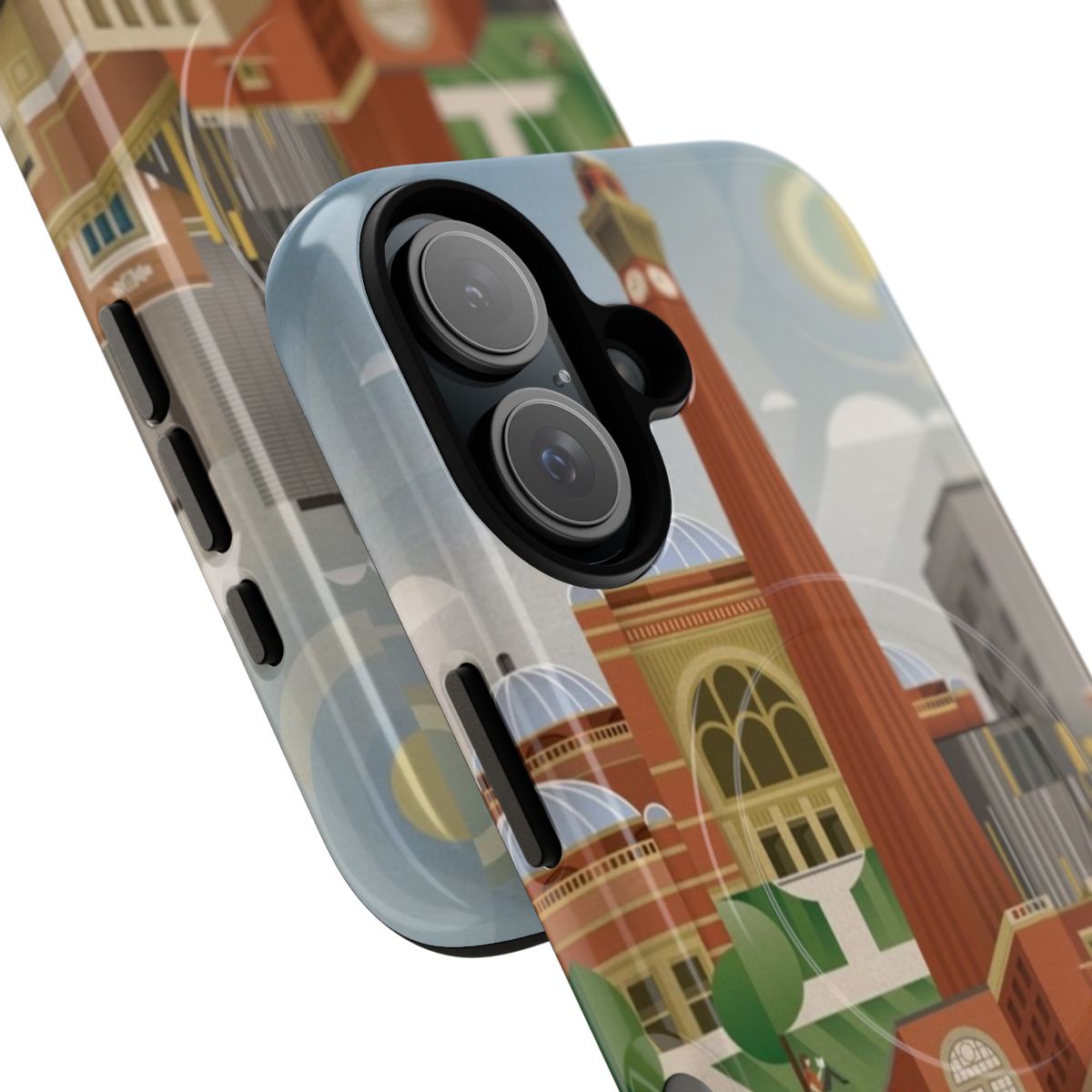 Magnetic tough phone case featuring University of Birmingham landmarks like Old Joe and Aston Webb Building - Detail