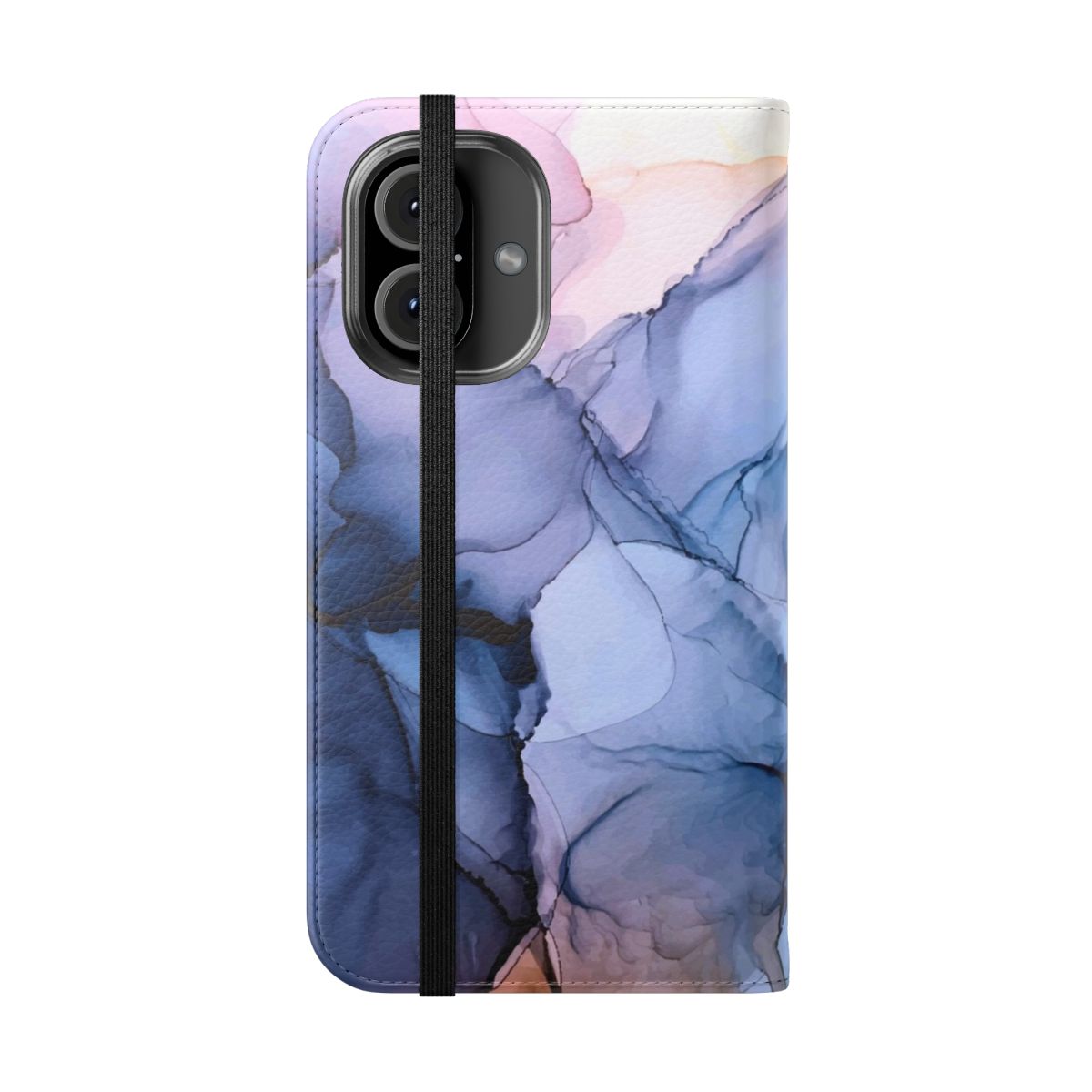 Captivating alcohol ink painting phone case in navy, slate, and orange colors - Folded Front